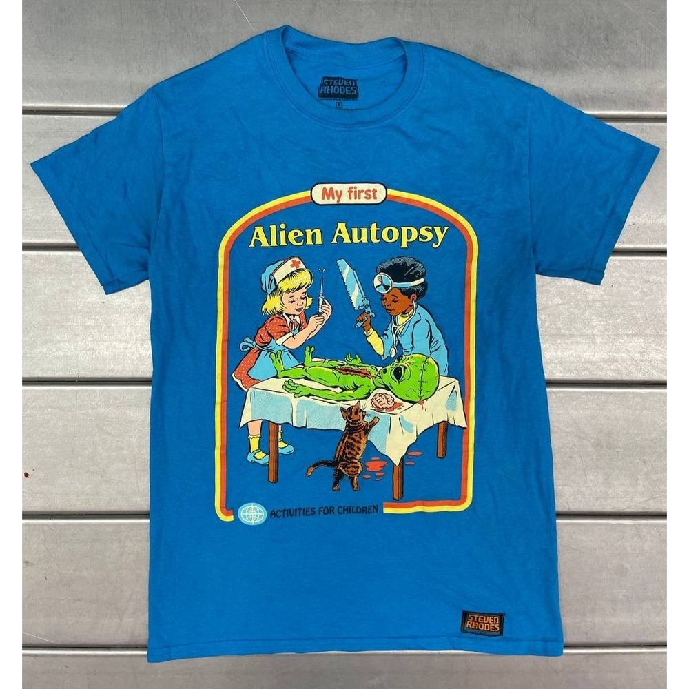 Steven Rhodes Alien‎ Autopsy T-Shirt Size Small Blue Crew Neck Graphic Tee